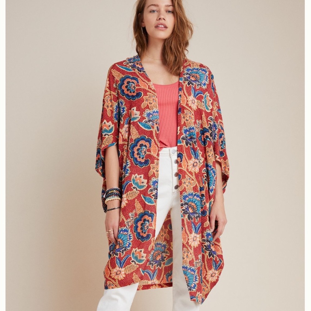 ANTHROPOLOGIE Red Blue Floral Andersen & Lauth Astrid Women’s Long Kimono NEW